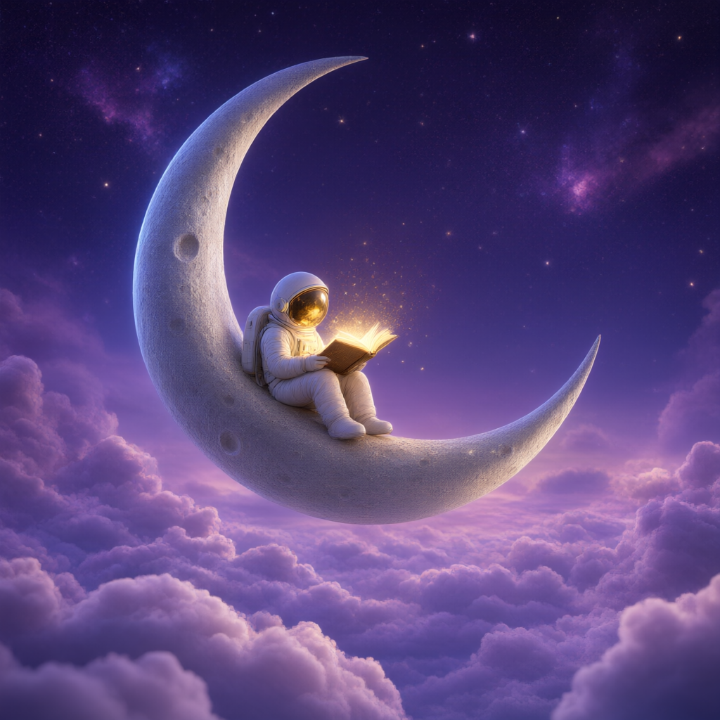 An AI-created astronaut reading a glowing book while sitting on a crescent moon above violet clouds